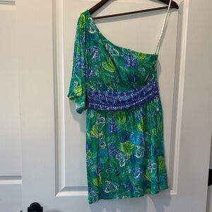 Green Floral One-Shoulder Romper Dress